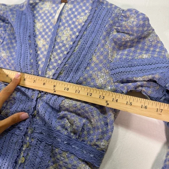 Free People Gingham Floral Lace Cardigan Top Women's XS Blue Sheer Boho V-Neck - Picture 6 of 9